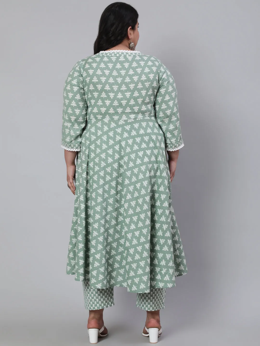 Green Plus Size Woven Ethnic Print Embroidered Flared Laced Kurta With Printed Palazzo
