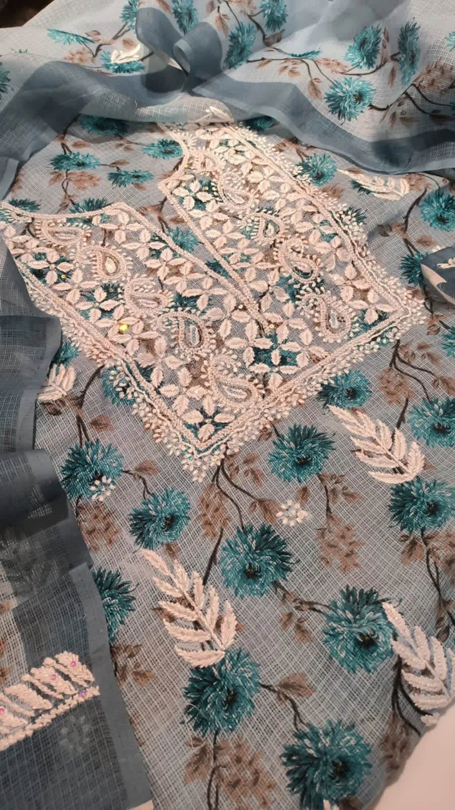 Grey-Blue Chikan Embroidery Cotton Kurti Set fabric
