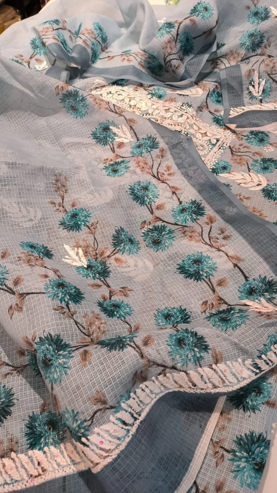 Grey-Blue Chikan Embroidery Cotton Kurti Set fabric
