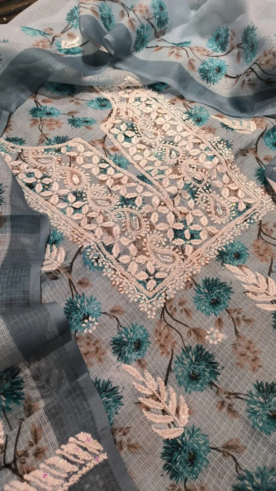 Grey-Blue Chikan Embroidery Cotton Kurti Set fabric