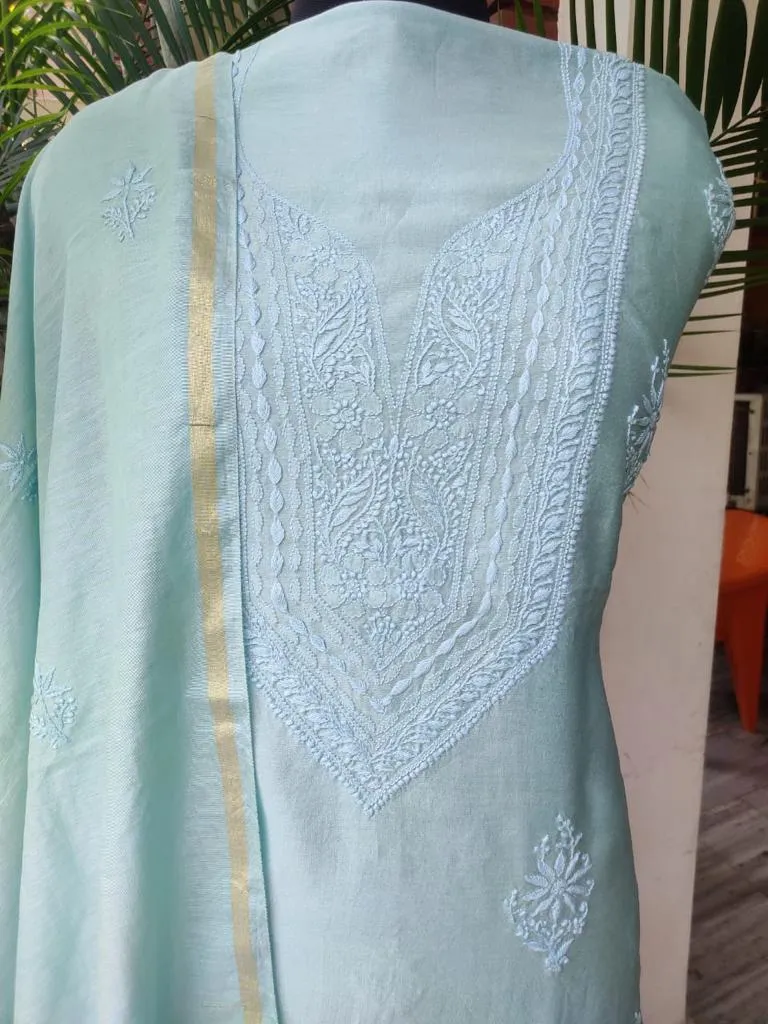 Grey Blue Pure Chanderi Chikankari Salwar Suit