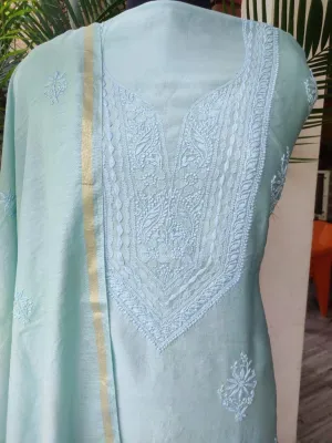 Grey Blue Pure Chanderi Chikankari Salwar Suit