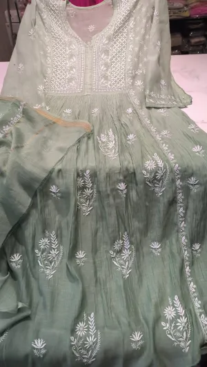 Grey Chanderi Chikankari Semi Stitched Salwar Suit
