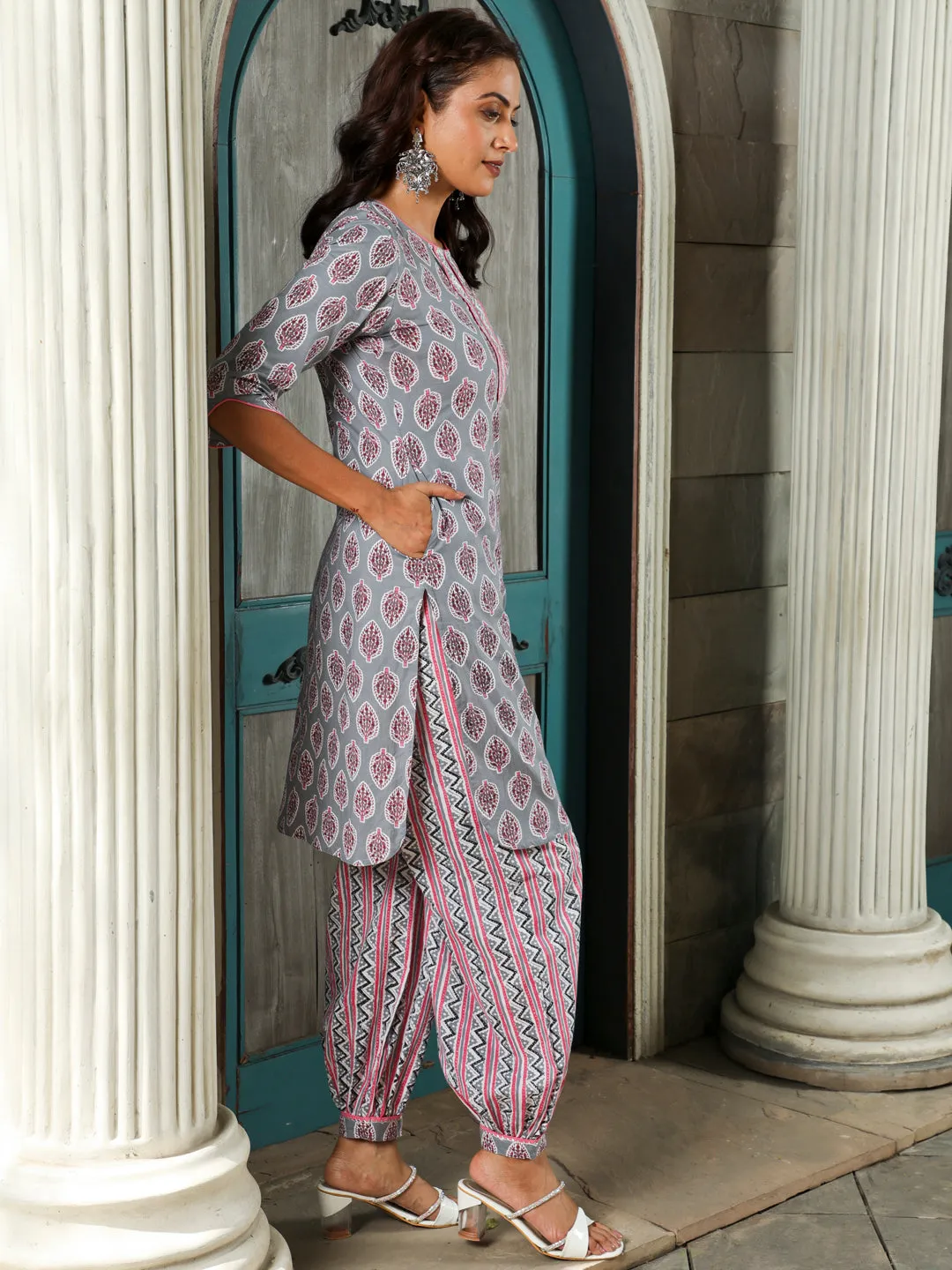 Grey Ethnic Motif Printed Straight Kurta With Zig-Zag Printed Afghani Salwar