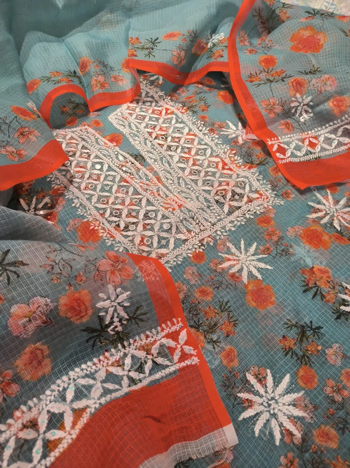 Grey-Orange Kota Cotton Chinkari unstitched Salwar Suit