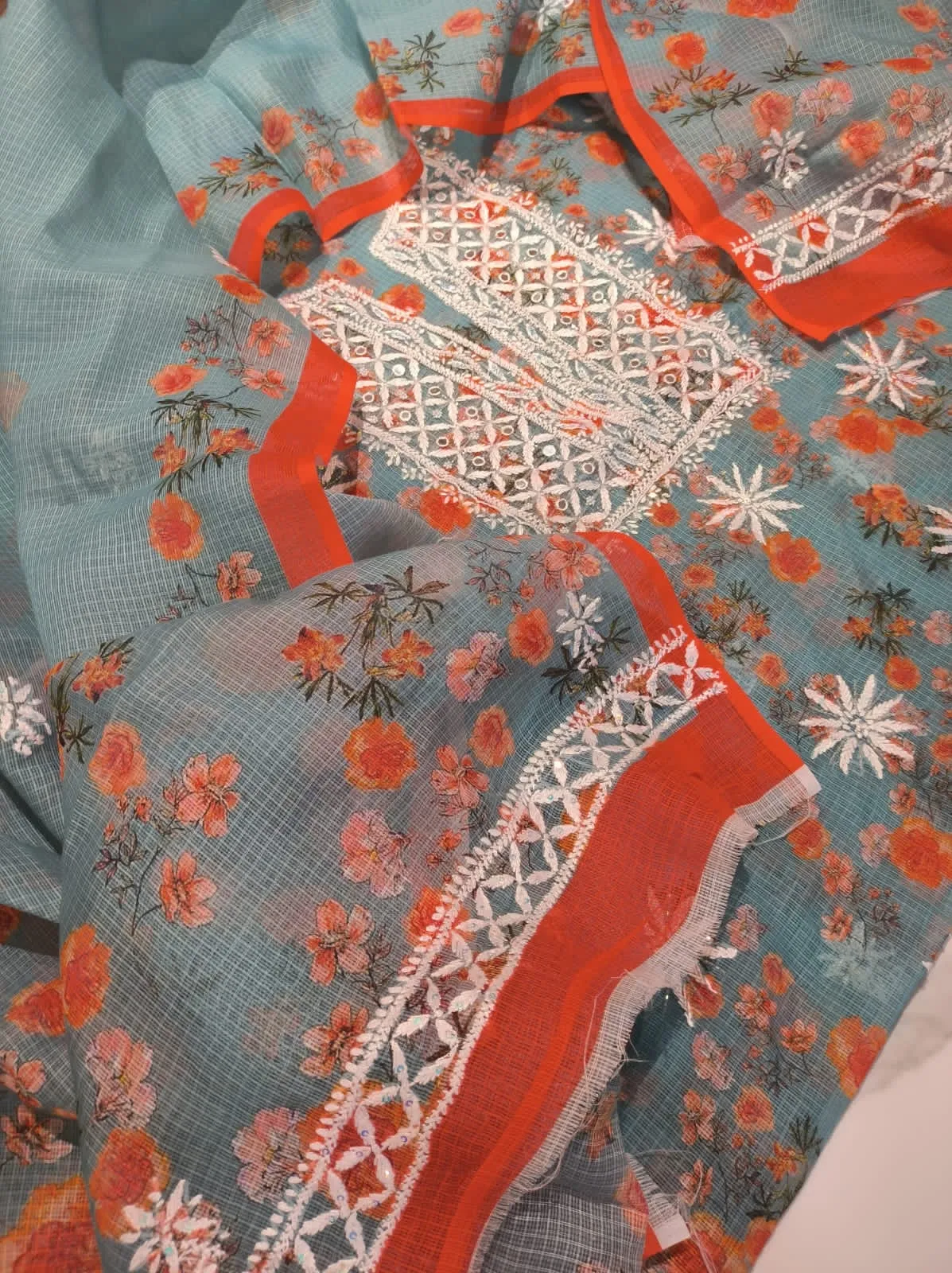 Grey-Orange Kota Cotton Chinkari unstitched Salwar Suit