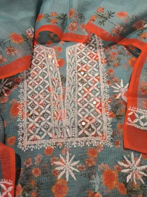 Grey-Orange Kota Cotton Chinkari unstitched Salwar Suit