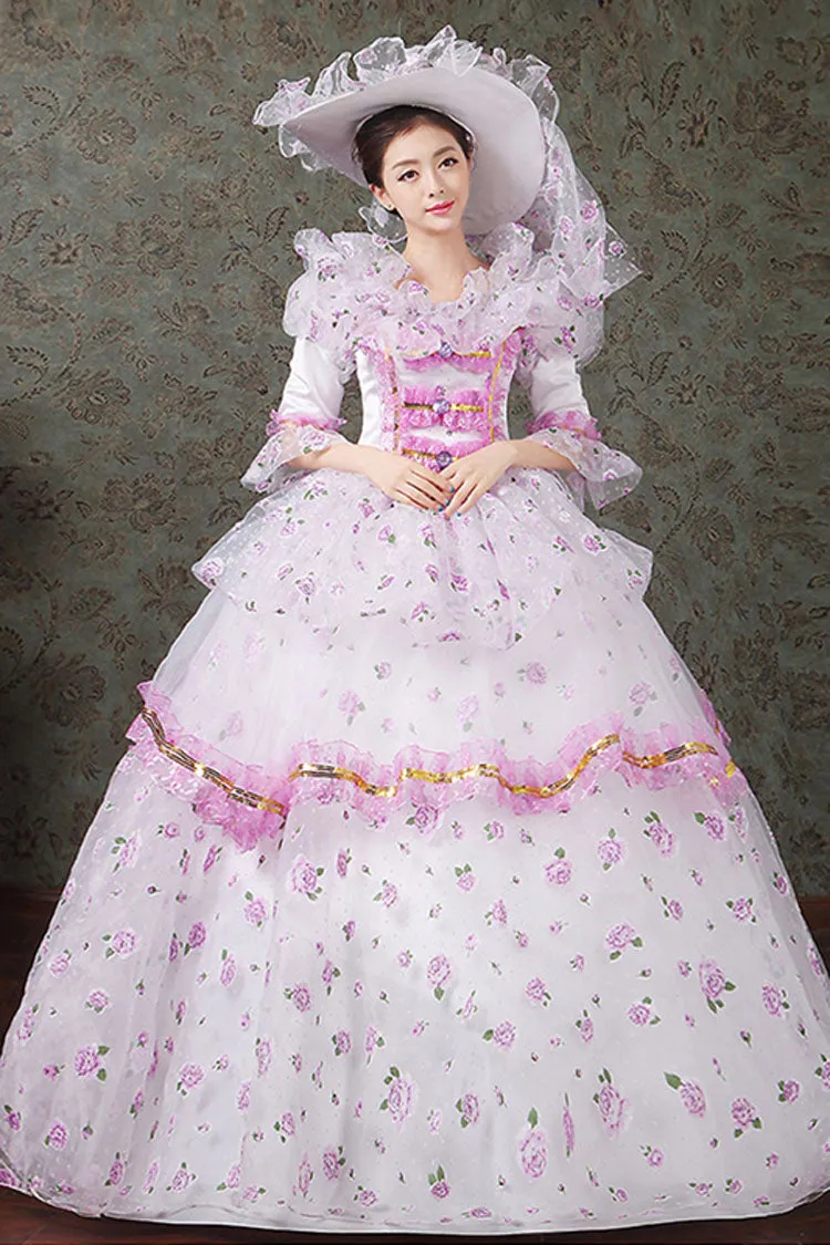 Half Sleeves Diamond Button High Waisted Hollow Embroidery Floral Print Multi-Layer Victorian Lolita Prom Dress