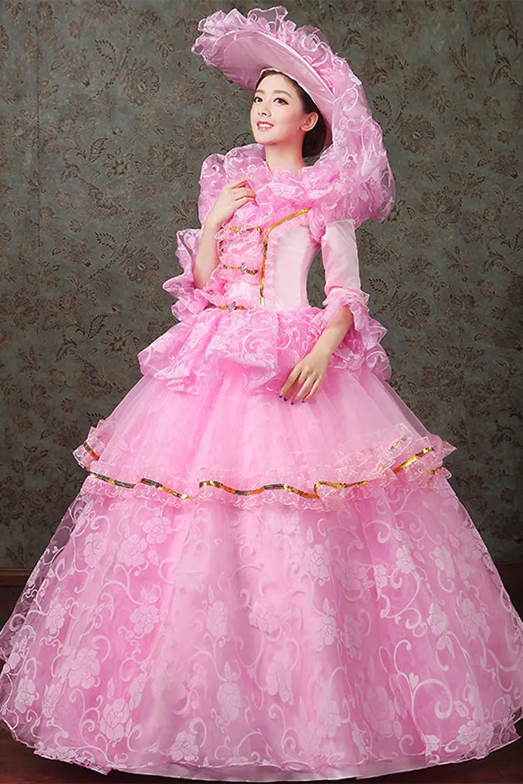 Half Sleeves Diamond Button High Waisted Hollow Embroidery Floral Print Multi-Layer Victorian Lolita Prom Dress