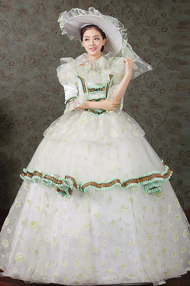 Half Sleeves Diamond Button High Waisted Hollow Embroidery Floral Print Multi-Layer Victorian Lolita Prom Dress