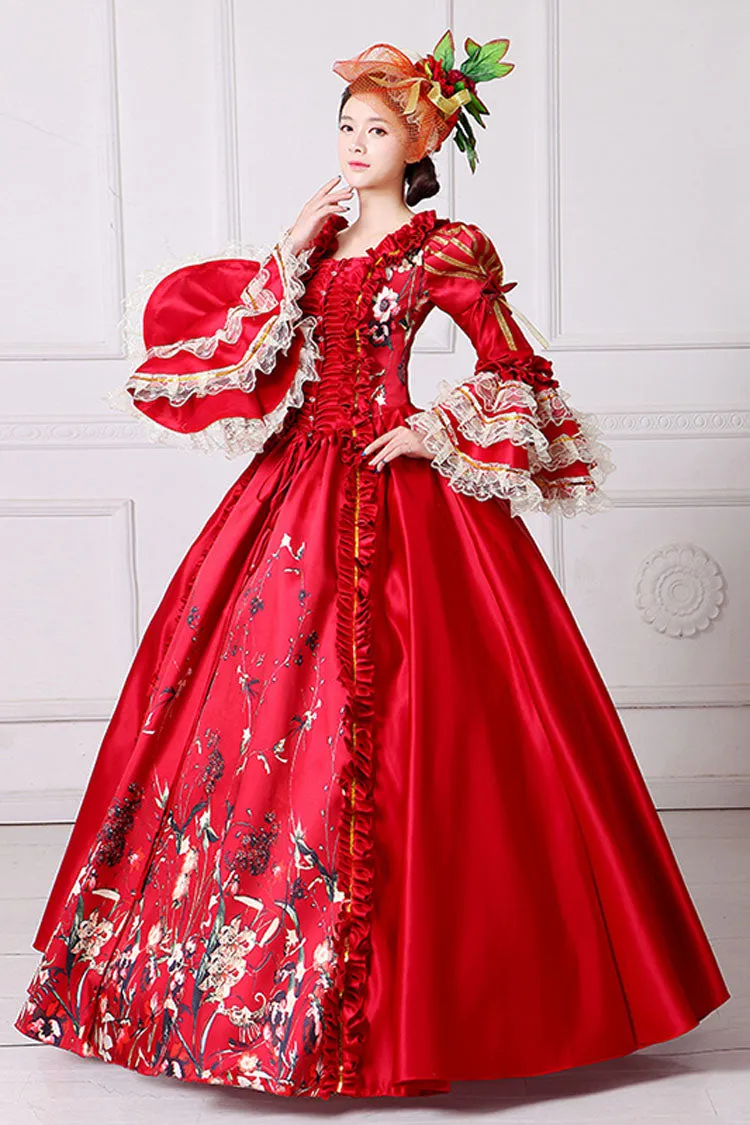 Half Sleeves Multi-Layer Trumpet Sleeves High Waisted Floral Print Victorian Lolita Prom Dress