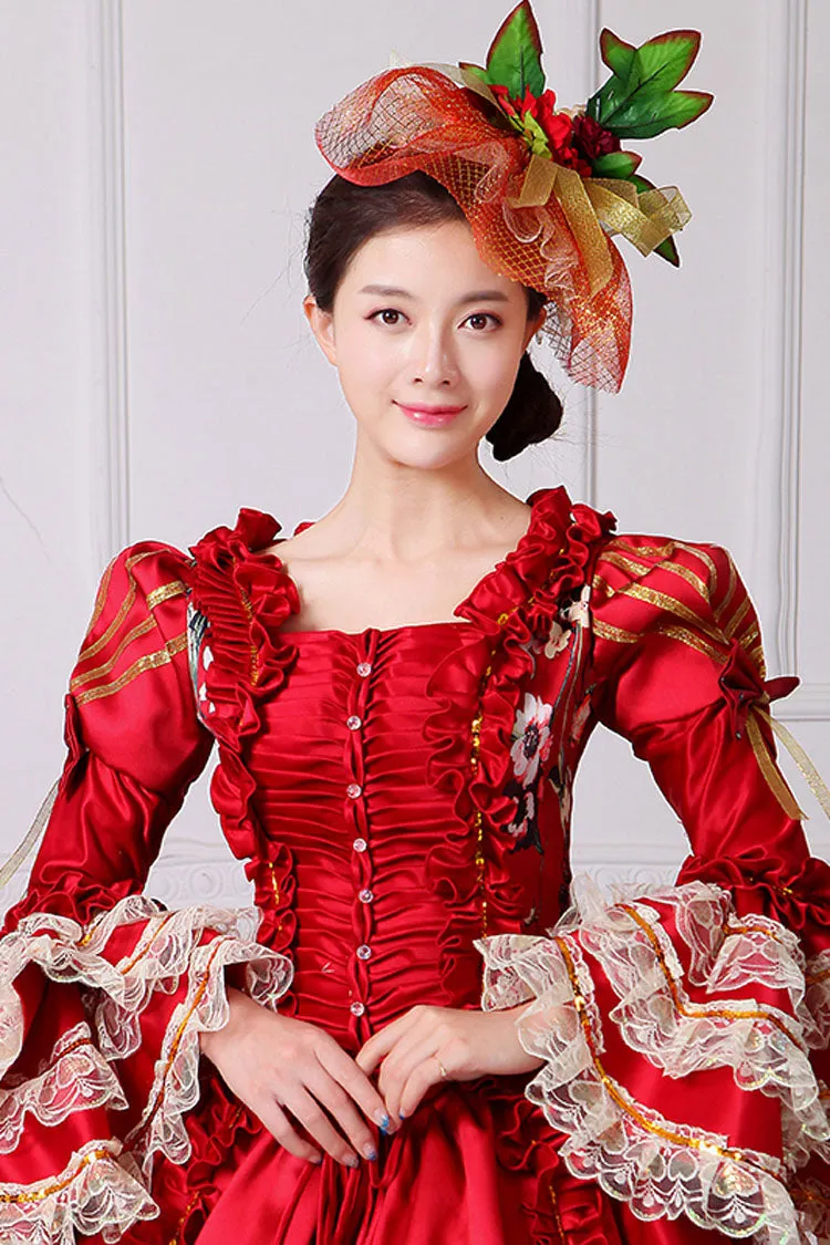 Half Sleeves Multi-Layer Trumpet Sleeves High Waisted Floral Print Victorian Lolita Prom Dress