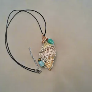 Handmade Banded Tulip Shell Pendant with Silver & Copper Wire Wrap, Blue/Turquoise Glass Beads, Wood Beads on Black Rope Necklace