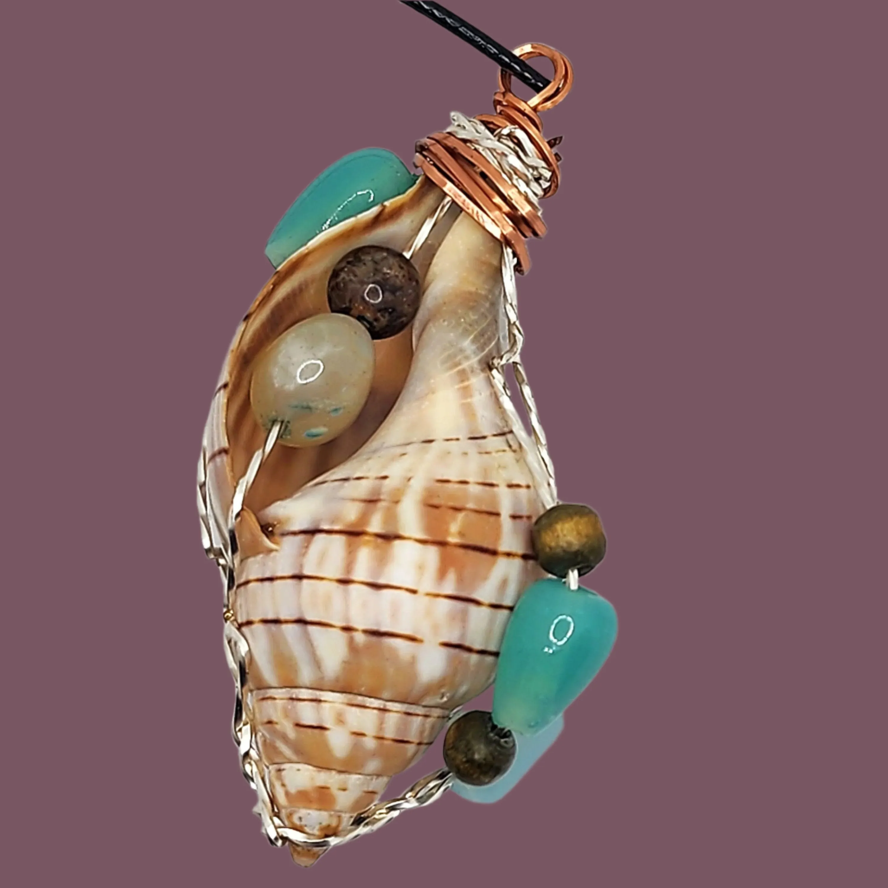 Handmade Banded Tulip Shell Pendant with Silver & Copper Wire Wrap, Blue/Turquoise Glass Beads, Wood Beads on Black Rope Necklace