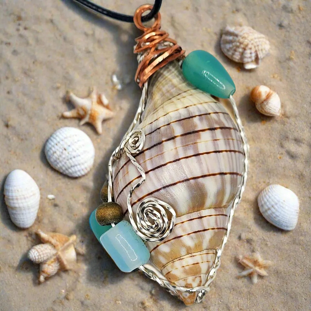 Handmade Banded Tulip Shell Pendant with Silver & Copper Wire Wrap, Blue/Turquoise Glass Beads, Wood Beads on Black Rope Necklace