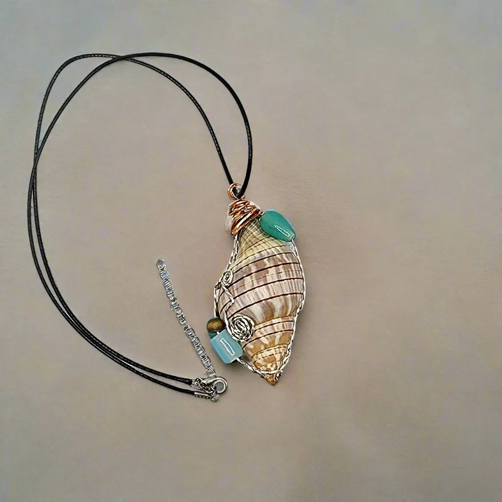 Handmade Banded Tulip Shell Pendant with Silver & Copper Wire Wrap, Blue/Turquoise Glass Beads, Wood Beads on Black Rope Necklace