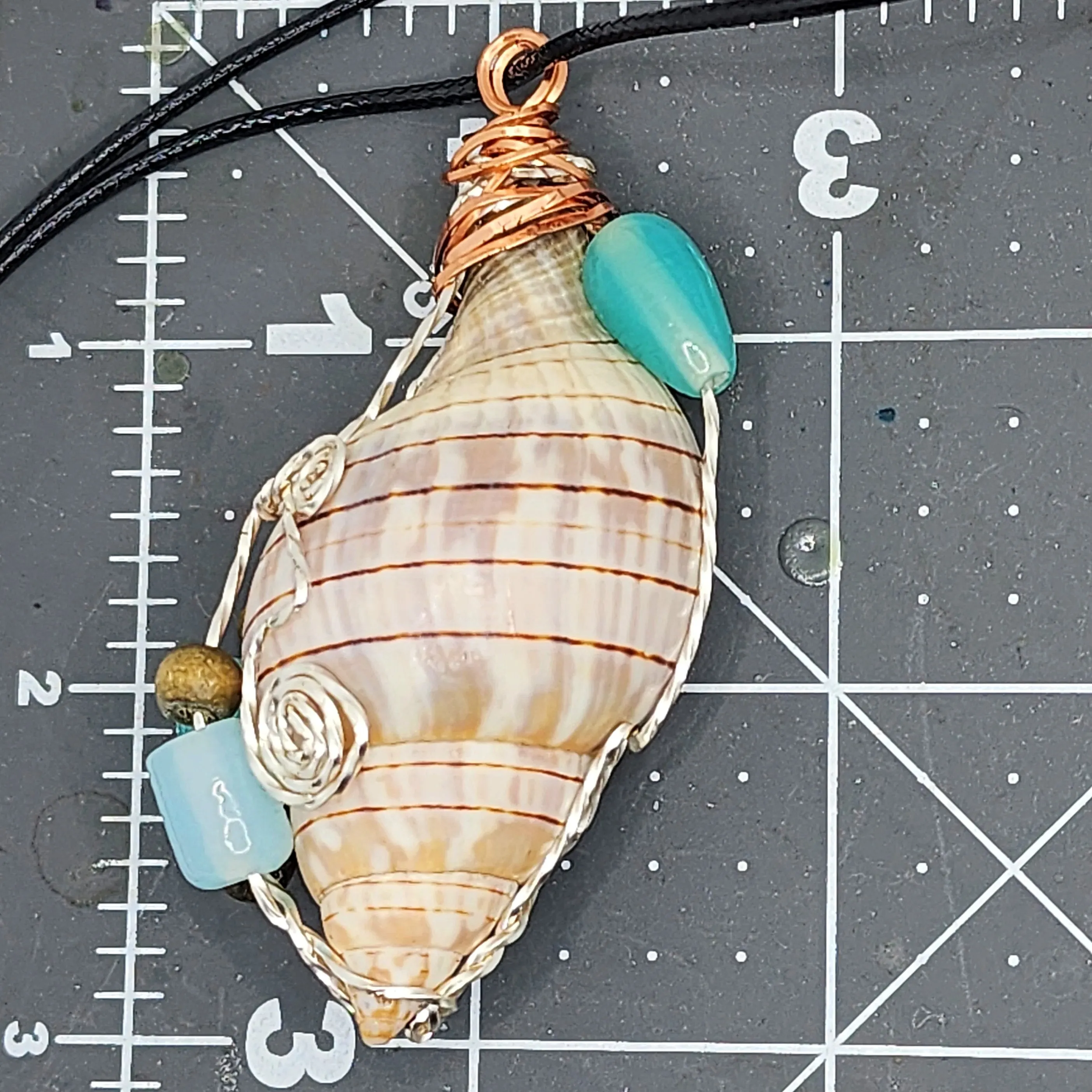 Handmade Banded Tulip Shell Pendant with Silver & Copper Wire Wrap, Blue/Turquoise Glass Beads, Wood Beads on Black Rope Necklace