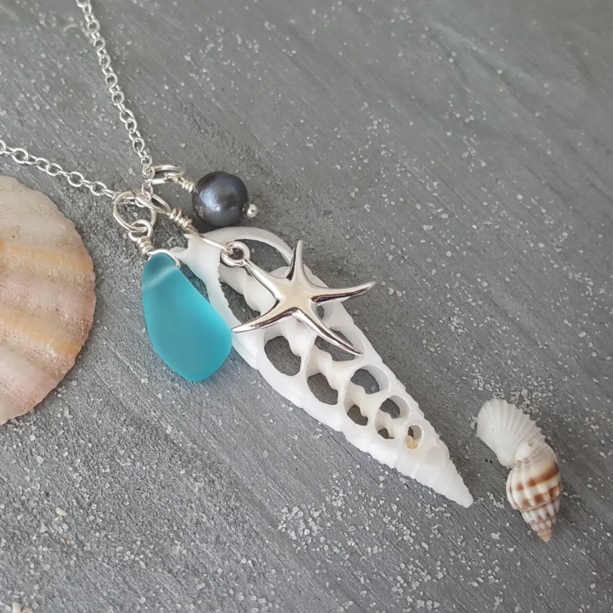 Hawaii Center Sliced Natural Terebra Turritella Shell Necklace with Blue Sea Glass, Starfish Charm, Natural Purple Pearl, FREE Gift Wrap