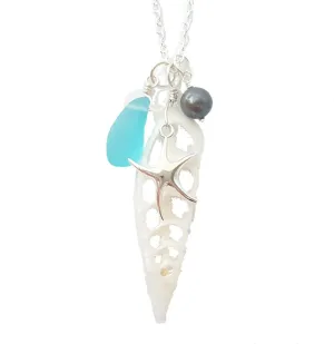 Hawaii Center Sliced Natural Terebra Turritella Shell Necklace with Blue Sea Glass, Starfish Charm, Natural Purple Pearl, FREE Gift Wrap