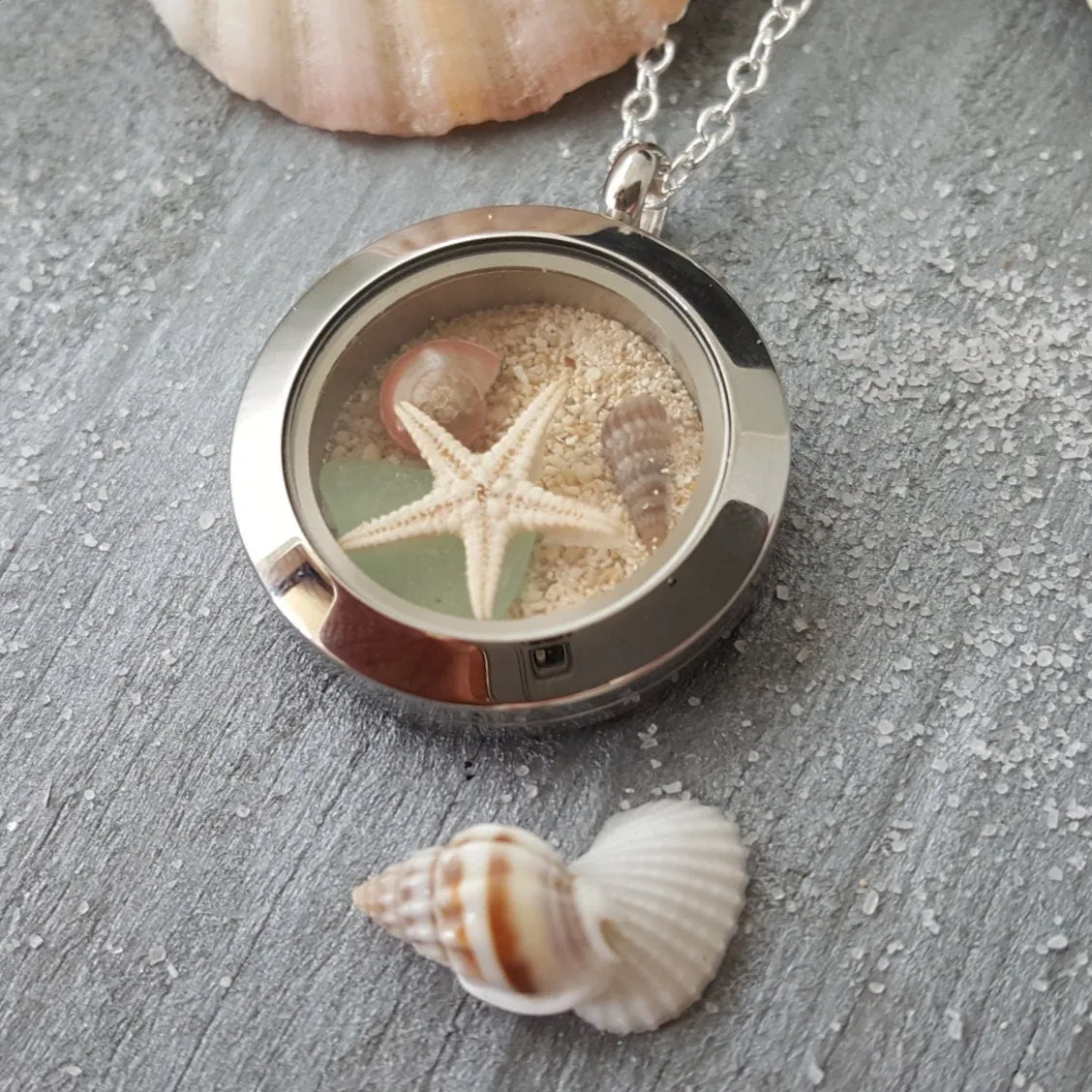 Hawaii Memory Locket, natural sea glass, Beach Sand, a Starfish, an Auger Shell and a Button shell, stainless steel locket, FREE Gift Wrap