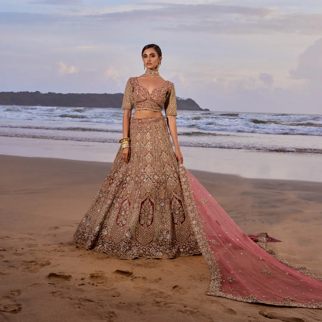 Heavily Gold Embellished Bridal Lehenga in Shades of Pink