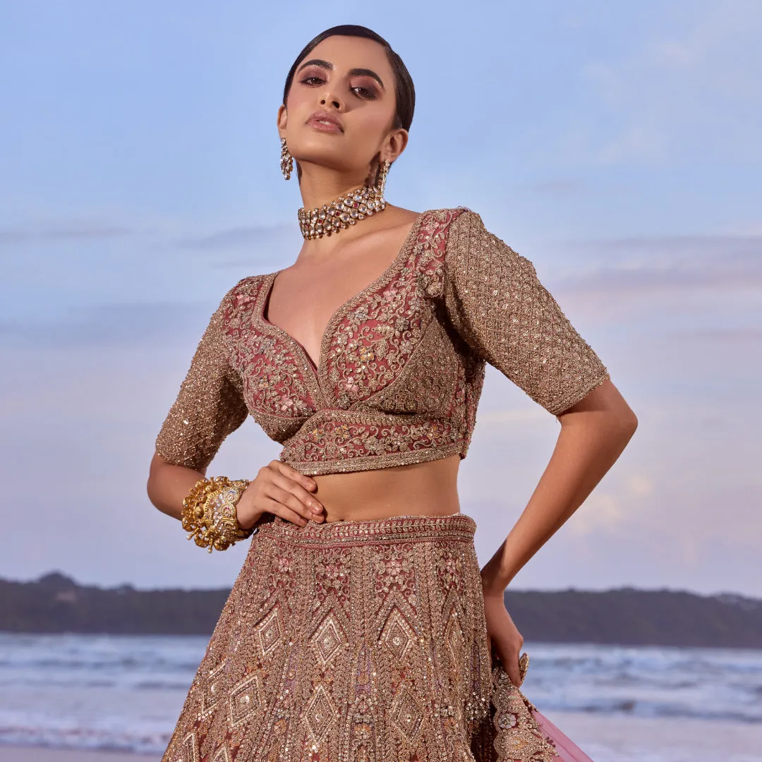 Heavily Gold Embellished Bridal Lehenga in Shades of Pink