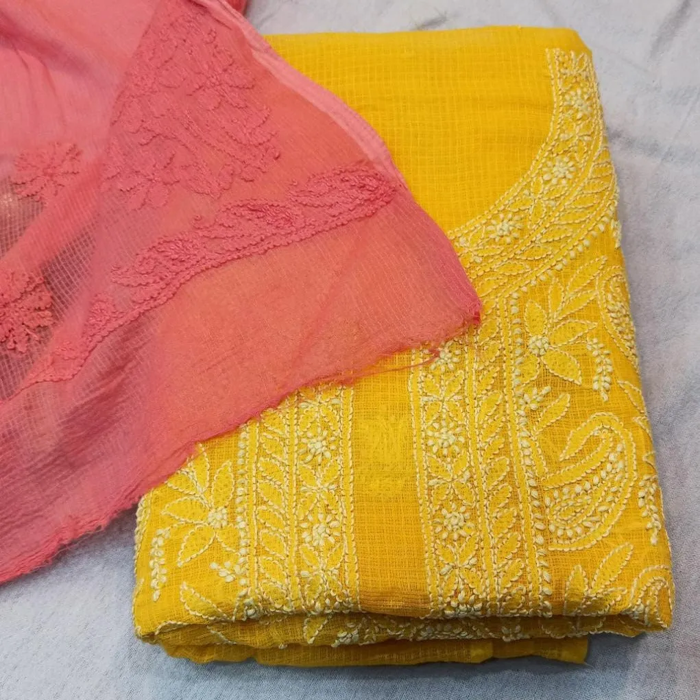 Honey Yellow Kota Chikankari Suit Fabric
