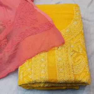 Honey Yellow Kota Chikankari Suit Fabric