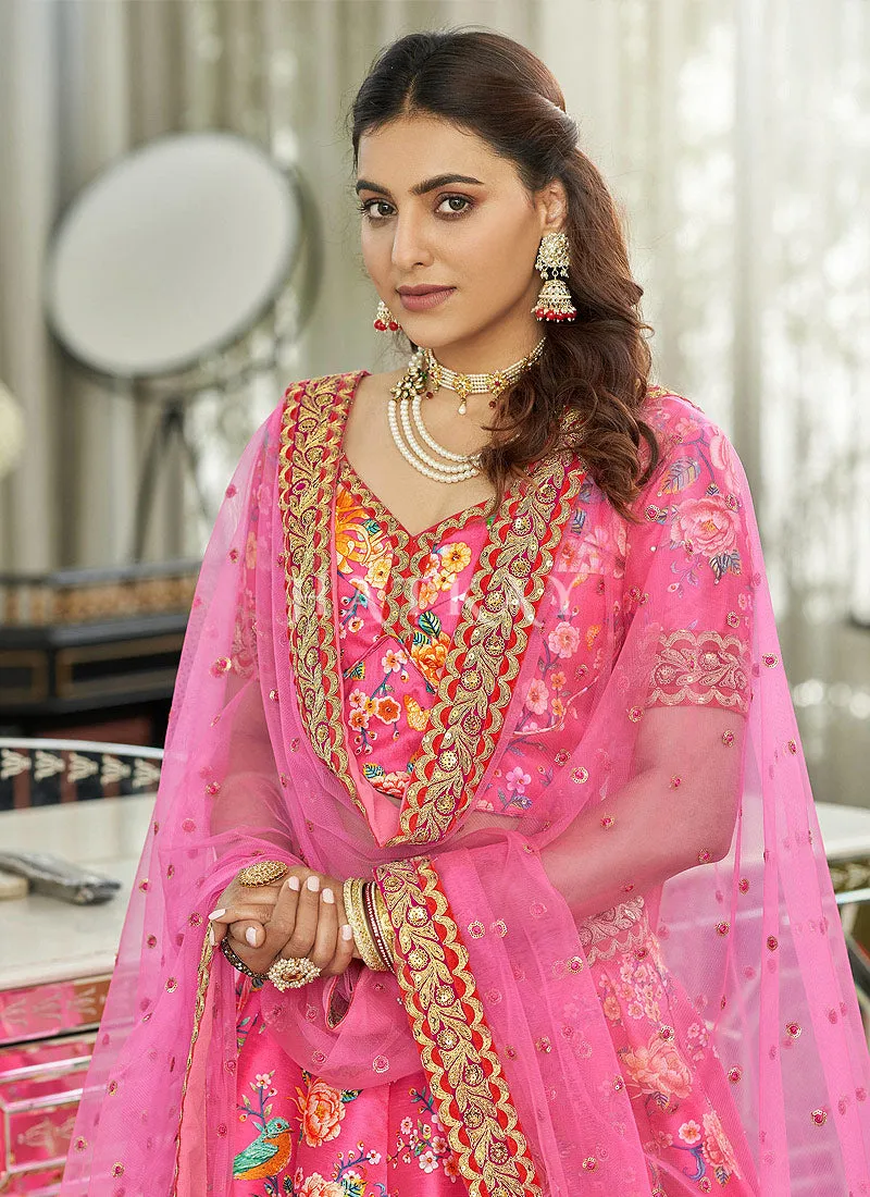Hot Pink Digital print Embroidery Silk Lehenga Choli
