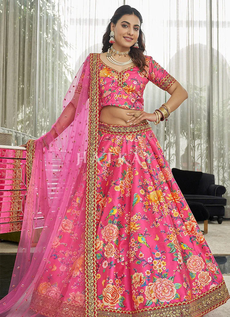 Hot Pink Digital print Embroidery Silk Lehenga Choli
