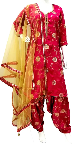 Hot Pink Dola Silk Patiala Salwar Kameez Suit with Net Dupatta