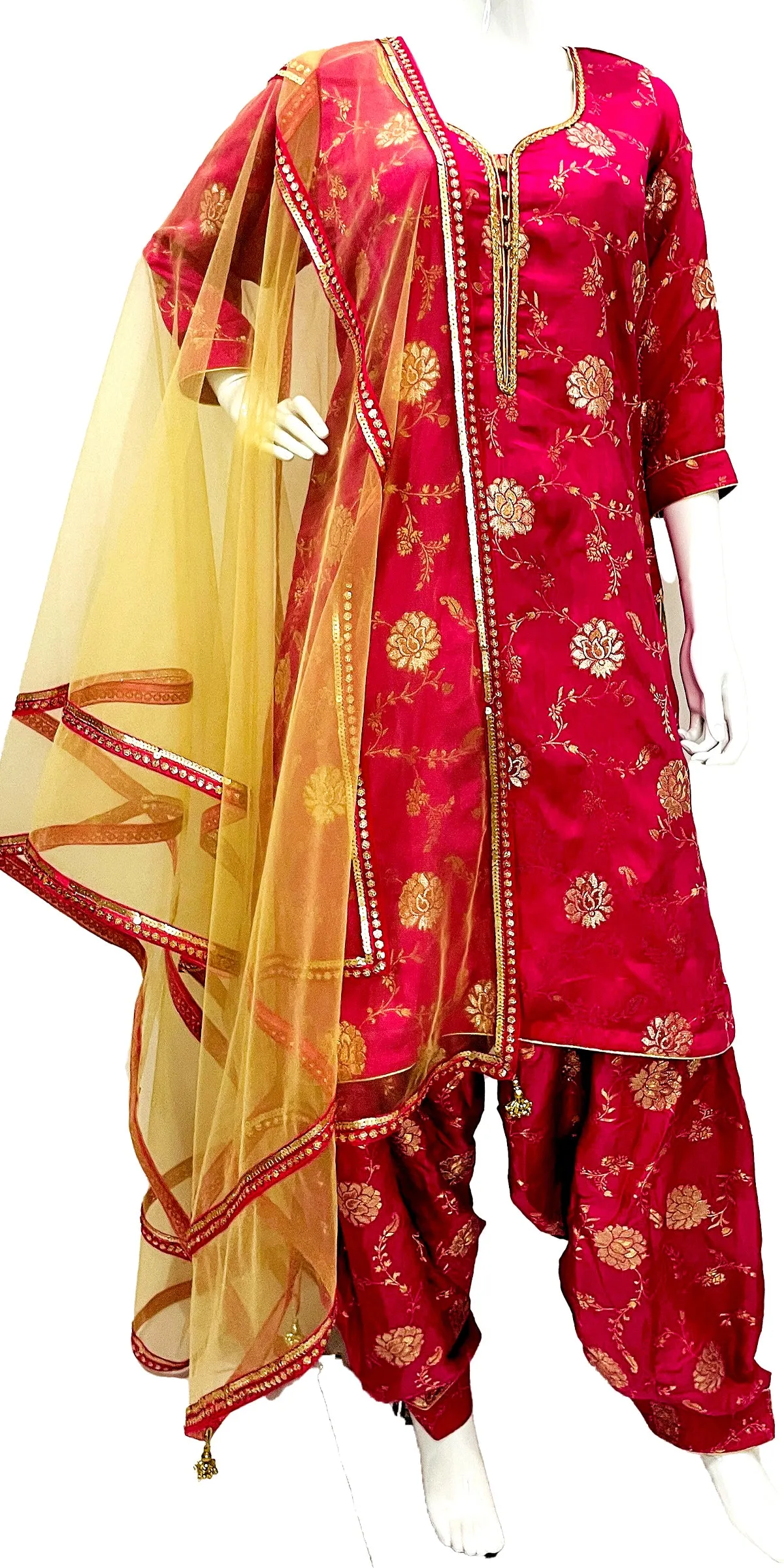 Hot Pink Dola Silk Patiala Salwar Kameez Suit with Net Dupatta