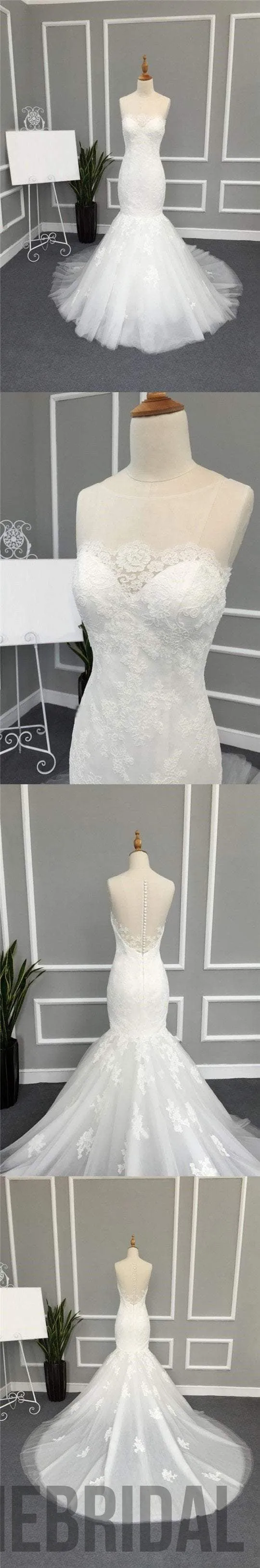 Illusion Lace Tulle Mermaid Wedding Dresses, Gorgeous See through Bridal Gown, WD0237