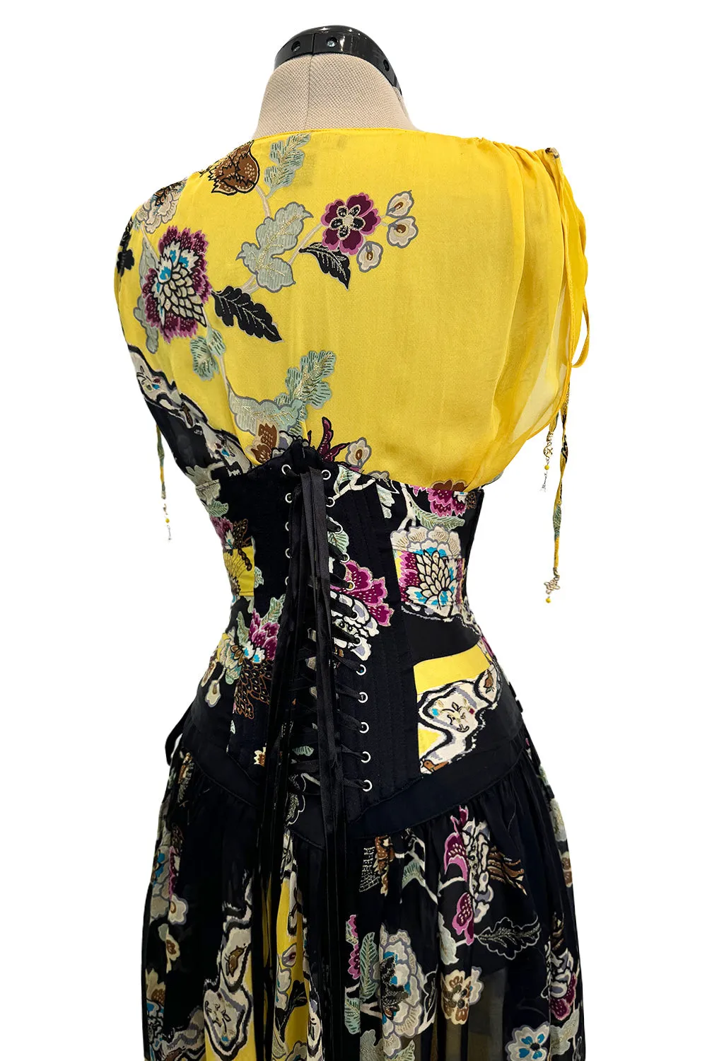 Incredible Spring 2003 Roberto Cavalli Light as Air Printed Silk & Silk Chiffon Maxi Skirt, Top & Corset Set