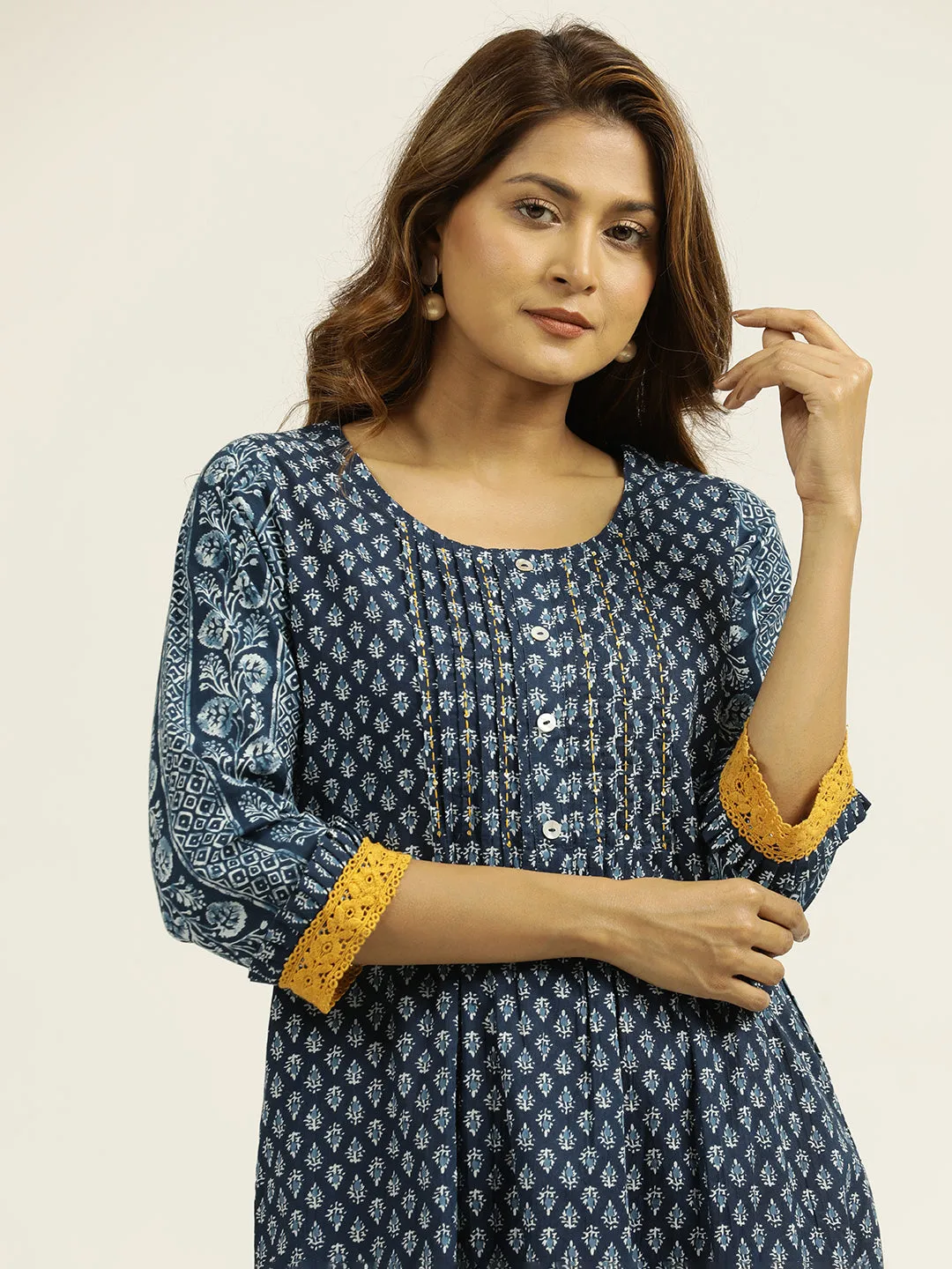 Indigo Blue Cotton Ethnic Motif Straight Kurta