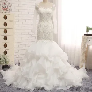 Ivory Long Sleeve See Through Lace Mermaid Chiffon Wedding Dresses, Bridal Gown, WD0242