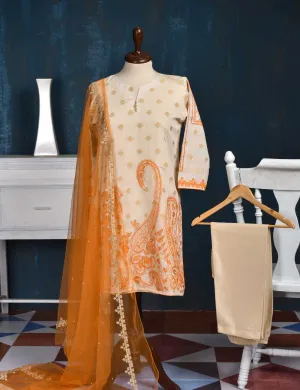 Jacquard Paper Cotton with Embroidered Net Dupatta &amp; Malai Silk Trouser - Orange Love (RTW-2-Peach)