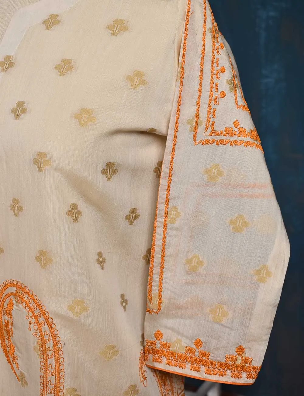 Jacquard Paper Cotton with Embroidered Net Dupatta &amp; Malai Silk Trouser - Orange Love (RTW-2-Peach)