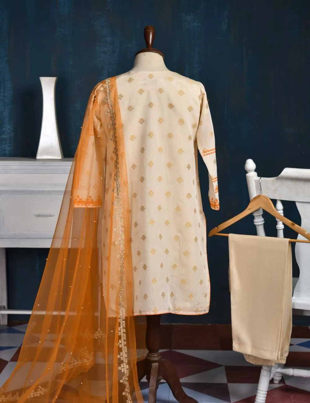 Jacquard Paper Cotton with Embroidered Net Dupatta &amp; Malai Silk Trouser - Orange Love (RTW-2-Peach)