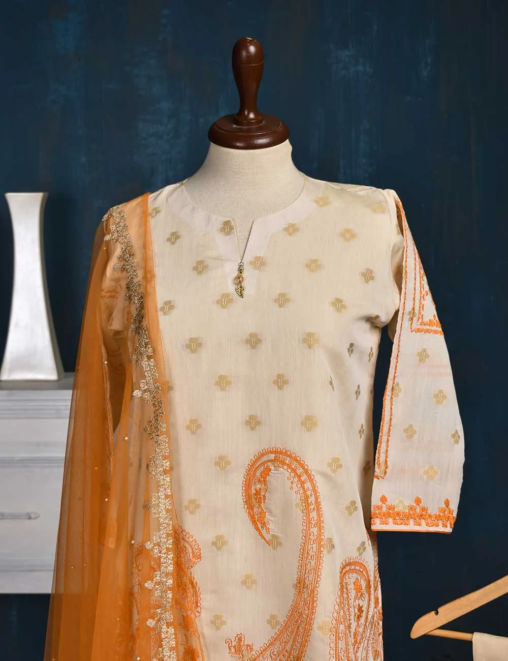 Jacquard Paper Cotton with Embroidered Net Dupatta &amp; Malai Silk Trouser - Orange Love (RTW-2-Peach)