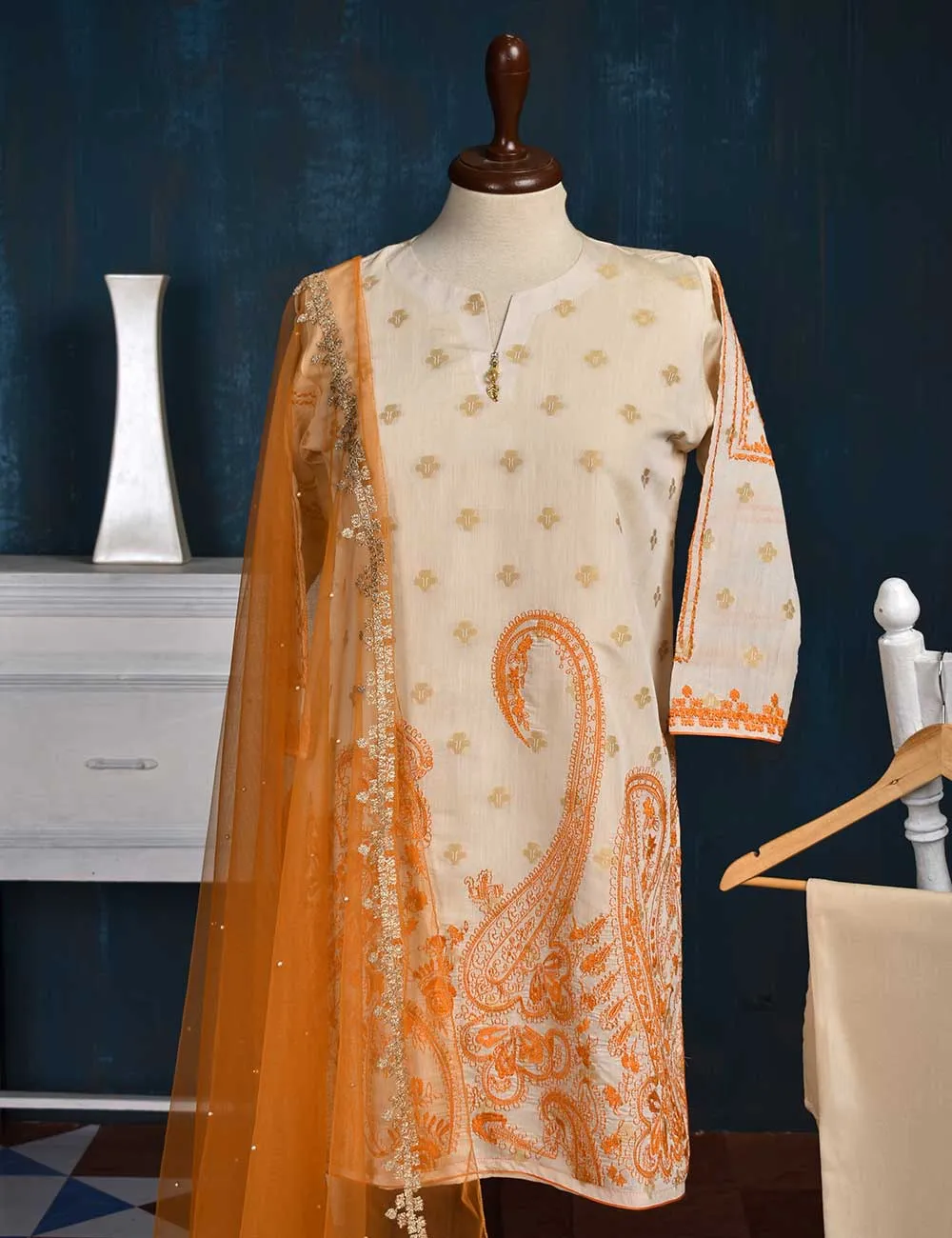 Jacquard Paper Cotton with Embroidered Net Dupatta &amp; Malai Silk Trouser - Orange Love (RTW-2-Peach)