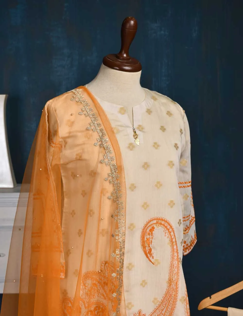 Jacquard Paper Cotton with Embroidered Net Dupatta &amp; Malai Silk Trouser - Orange Love (RTW-2-Peach)