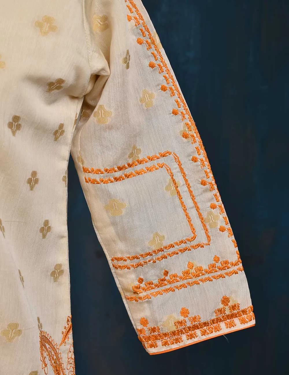 Jacquard Paper Cotton with Embroidered Net Dupatta &amp; Malai Silk Trouser - Orange Love (RTW-2-Peach)