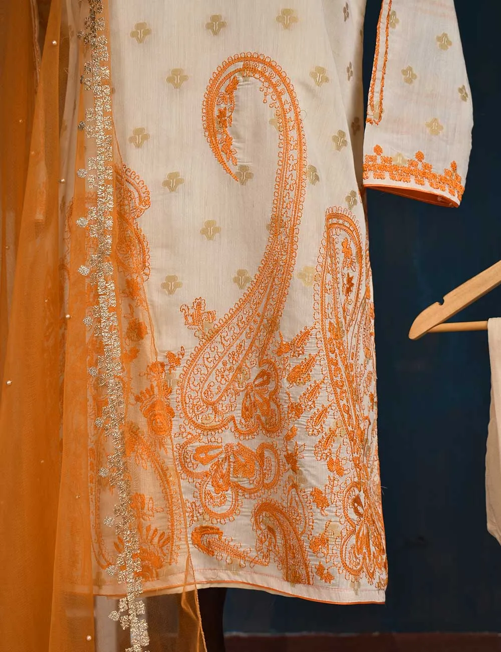 Jacquard Paper Cotton with Embroidered Net Dupatta &amp; Malai Silk Trouser - Orange Love (RTW-2-Peach)