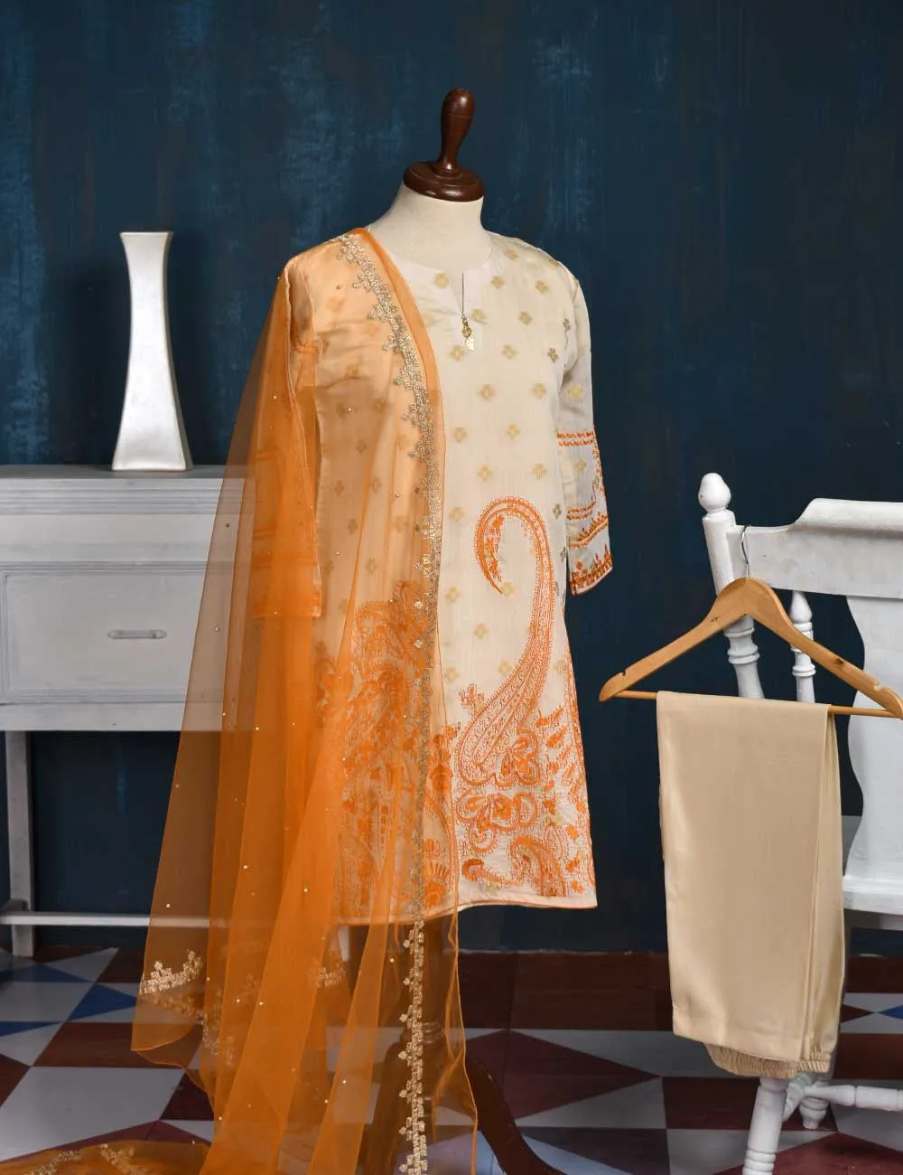 Jacquard Paper Cotton with Embroidered Net Dupatta &amp; Malai Silk Trouser - Orange Love (RTW-2-Peach)