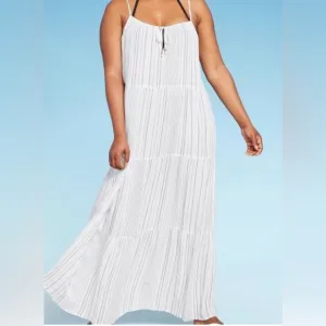 KONA SOL tiered maxi striped dress adjustable spaghetti straps beach NEW size XL