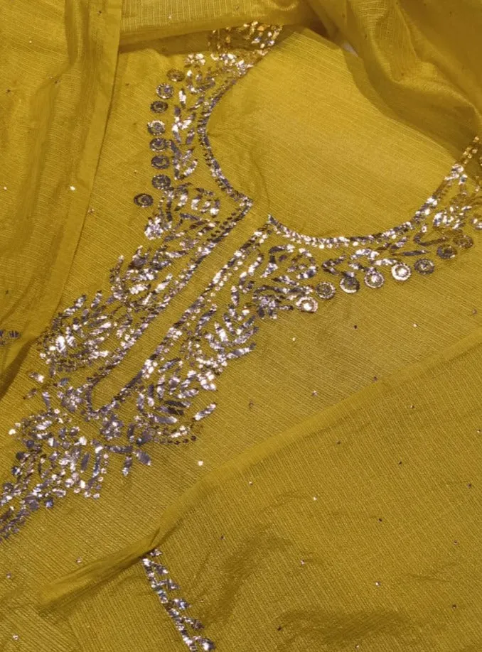 Kota Silk Gotta Patti Chikankari unstitched suit in Gold Yellow