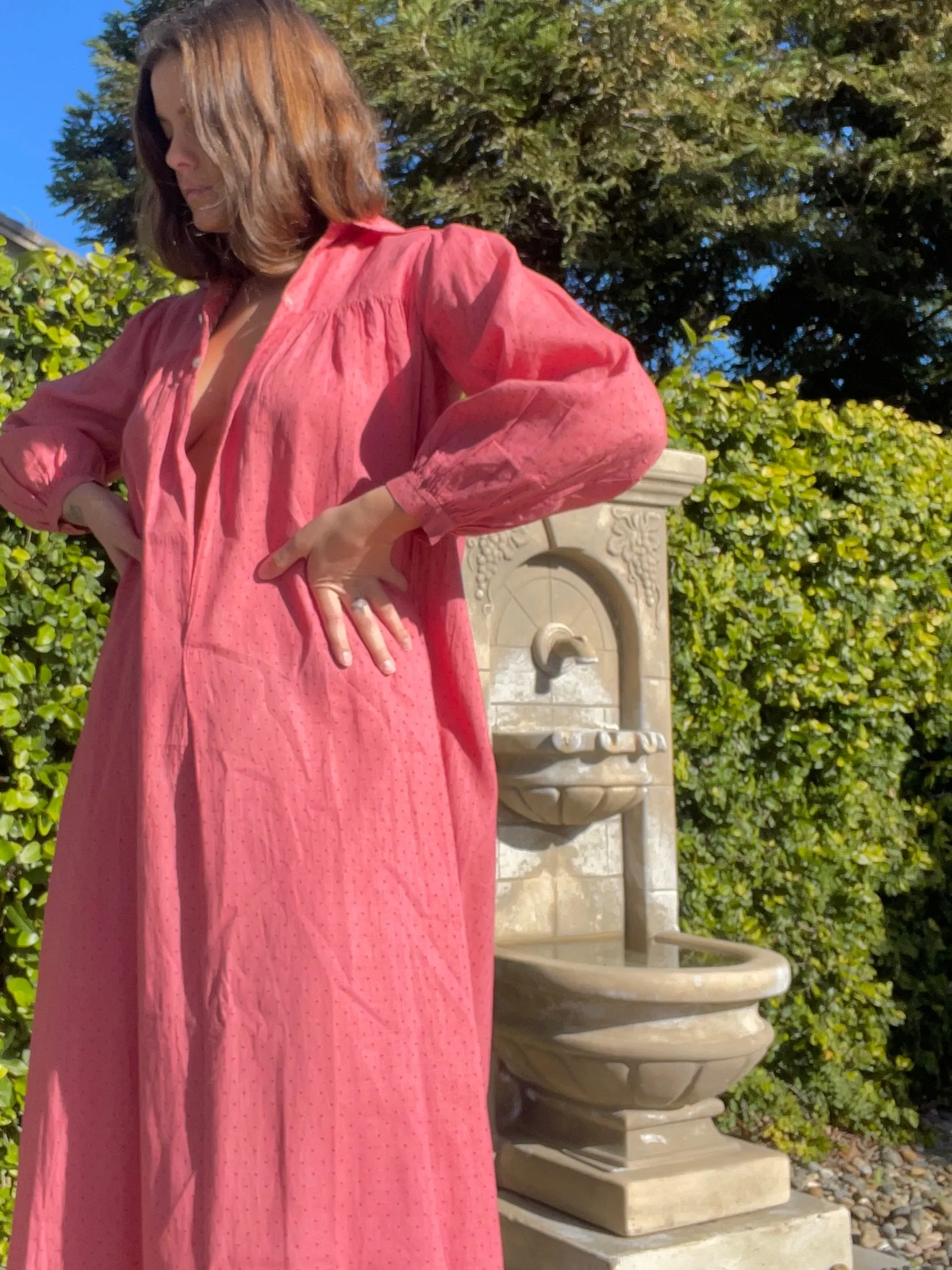 Late 1800s Cinnamon Pink Calico Wrapper Gown