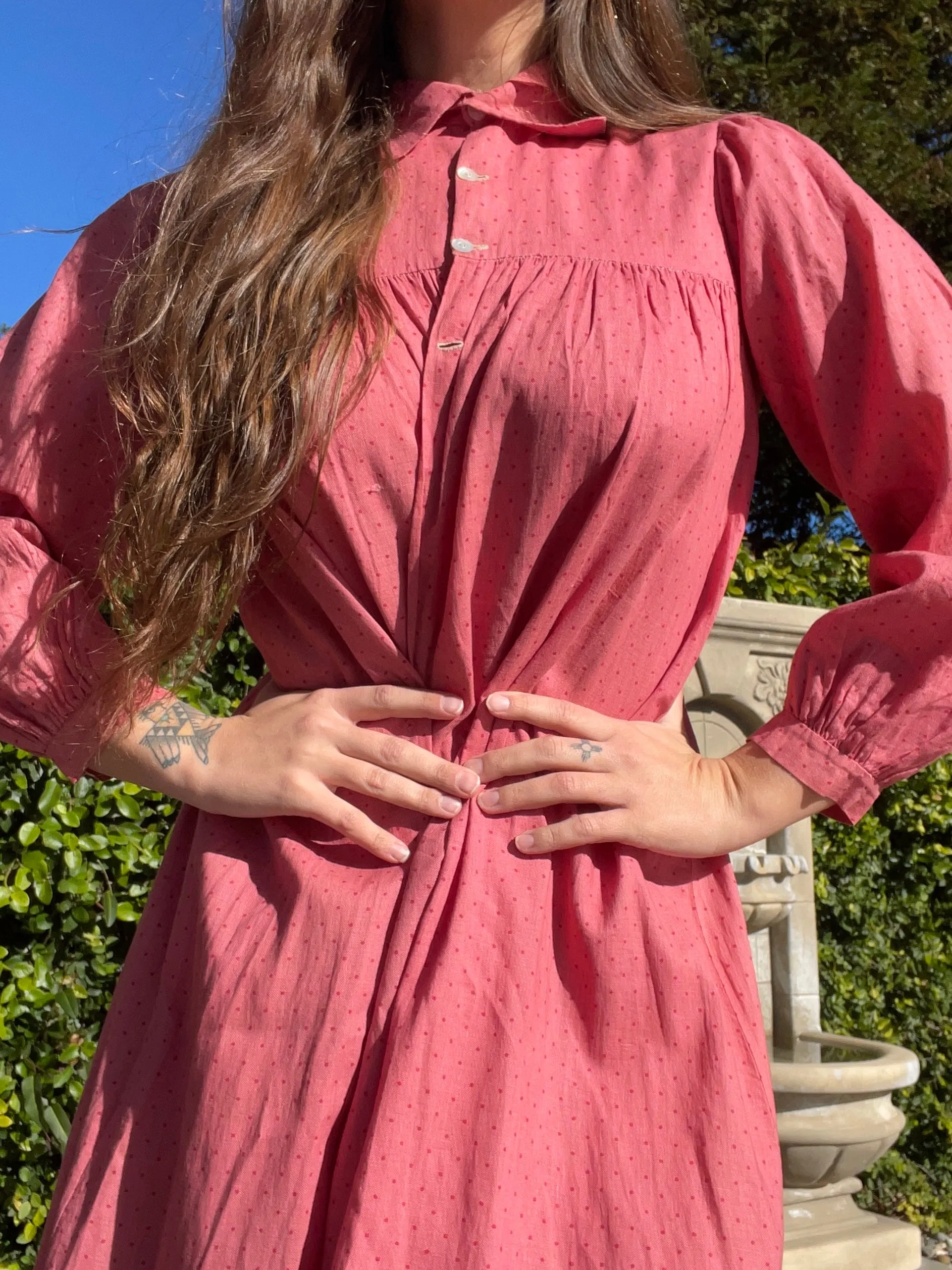 Late 1800s Cinnamon Pink Calico Wrapper Gown