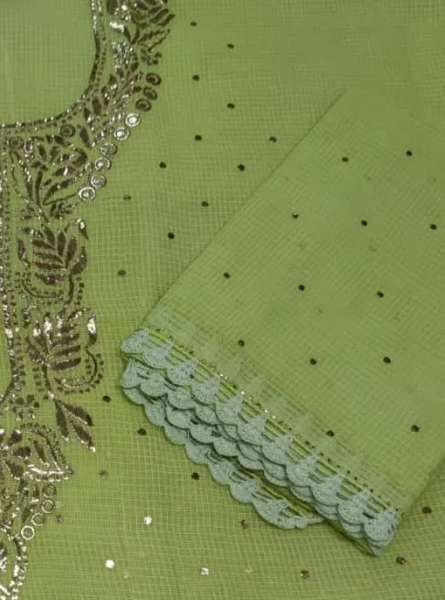 Leaf Green Kota Doria Chikan work Salwar Suit unstitched online